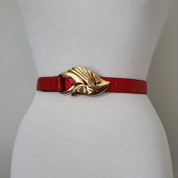 Vintage red leather gold hardware waist belt western‎ art deco boho snake Small - Picture 2 of 6